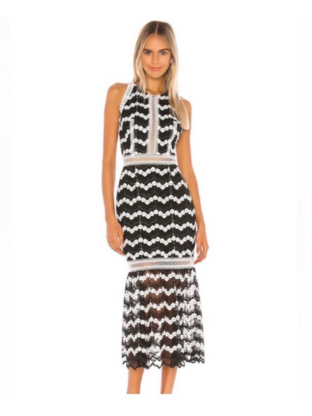Bronx and Banco Black & White Lace Midi Dress - Sleeveless Fit